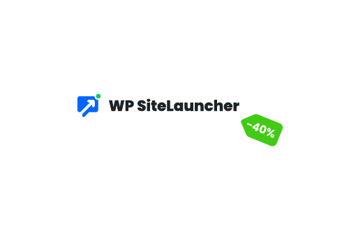 WP SiteLauncher logo with 50% discount tag.