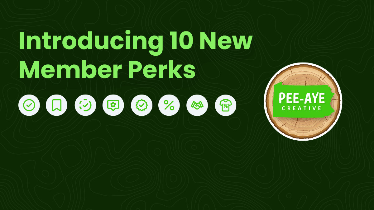 Graphic announcing 10 new member perks by Pee-Aye Creative.