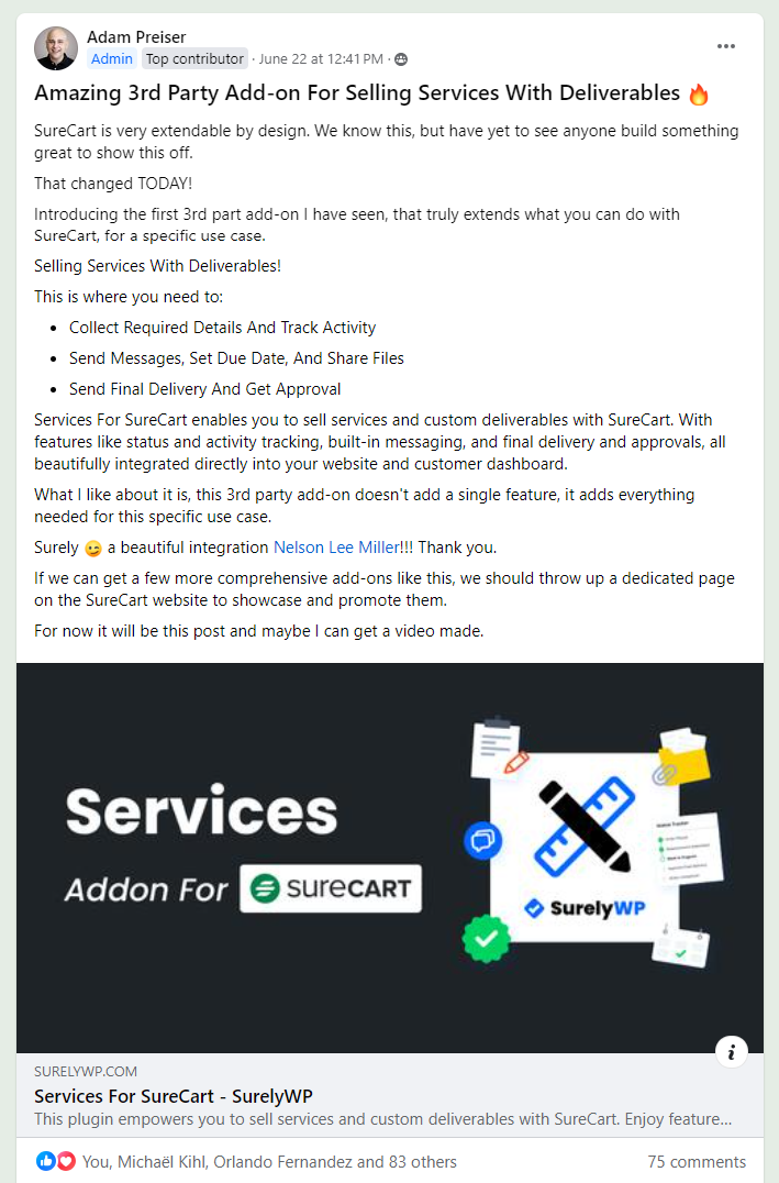 Screenshot of a Facebook post about SureCart Services Add-on
